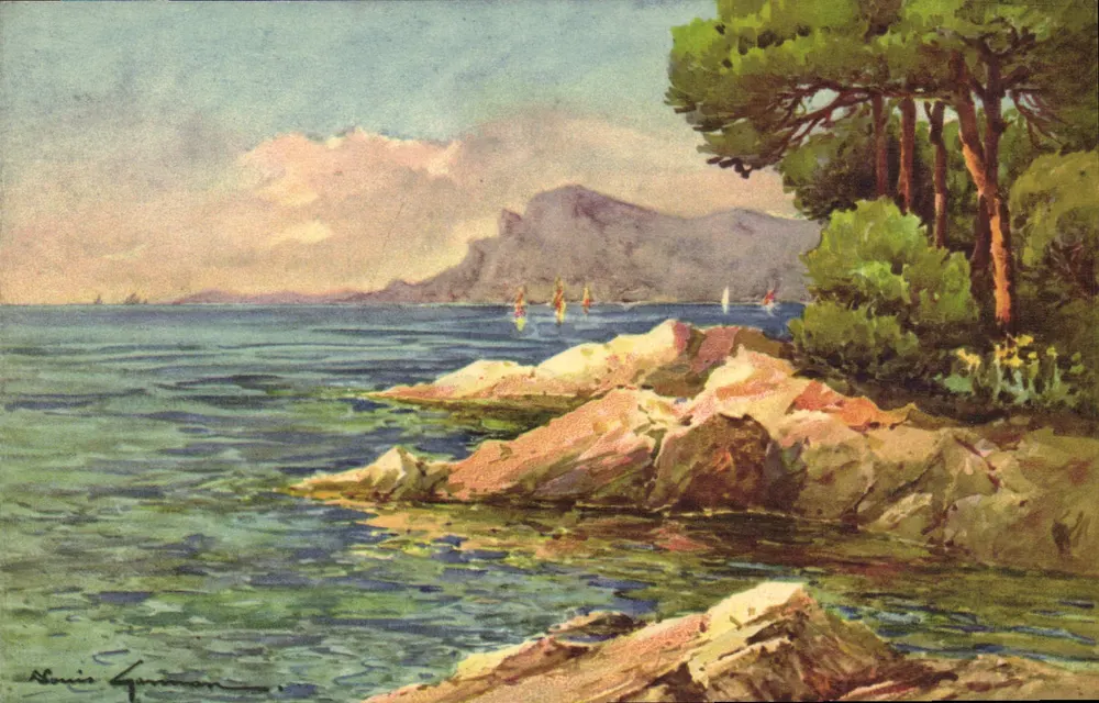 Ausblick aufs Meer — Küstenlandschaft mit Felsen und Kiefern — Louis Guermaan - Vorderseite