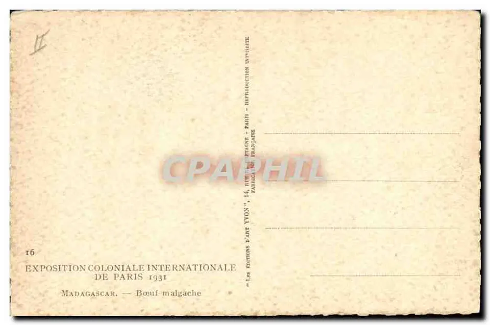 Madagassischer Stier — Internationale Kolonialausstellung Paris 1931 — Éditions d'Art Yvon - Rückseite