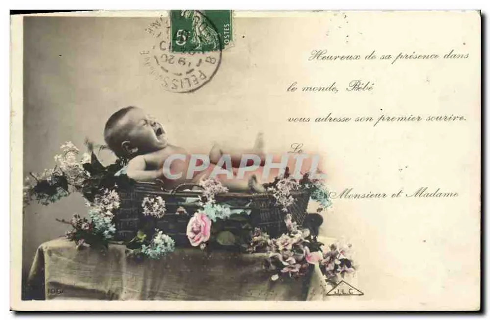 Niño nuevo en un cesto floreado — J.L.C. — n°105 - Anverso