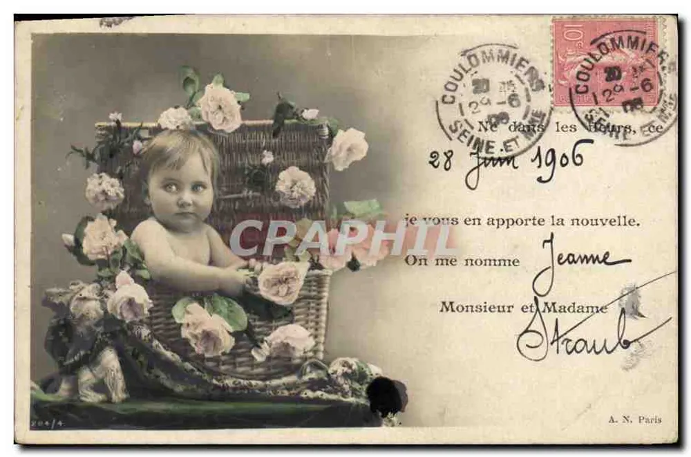 Baby in einem Rosenkorb — Coulommiers, 28. Juni 1906 — A. N. Paris, Nr. 204/5 - Vorderseite
