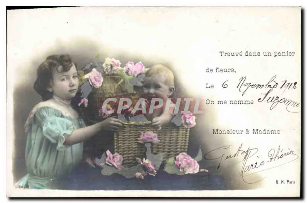 Kind und kleines Mädchen mit Rosenkorb — Verlag A.N. Paris, Seriennummer nicht sichtbar - Vorderseite