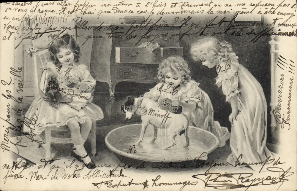 Drei Kinder, die einen Hund waschen — Illustration — unbekannter Verleger, Nr. 76 - Vorderseite