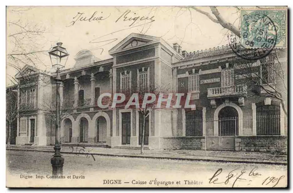 Digne — Sparkasse und Theater — Imp. Constans et Davin - Vorderseite