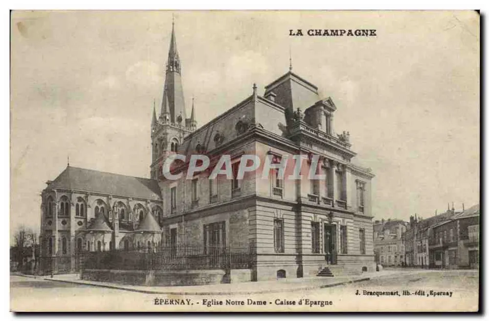 Épernay — Église Notre-Dame et Caisse d'Épargne — J. Bracquemart, lith.édit, Épernay - Vorderseite