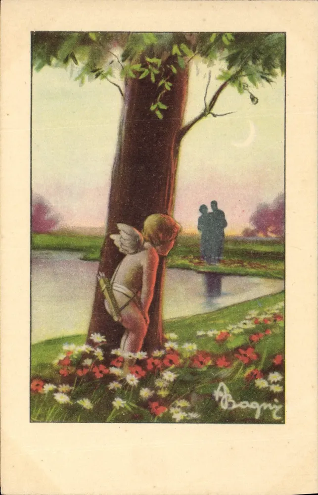 Cupidon versteckt hinter einem Baum — romantische Gartenszene — A. Bagni - Vorderseite