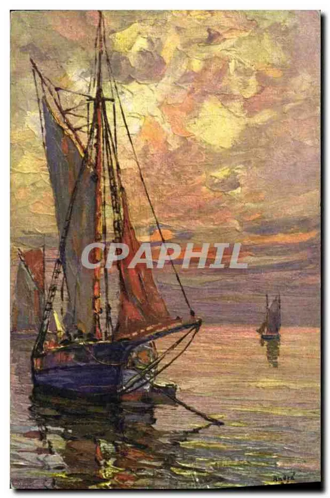 Barco a vela ao entardecer — pintura — STF, n° 715 - Frente