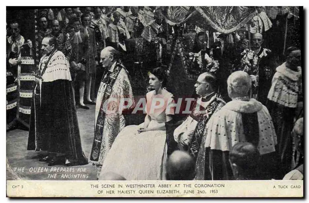 La reine se prépare à l'Anointing — scène à l'Abbaye de Westminster lors de la couronnement de Sa Majesté Elizabeth, le 2 juin 1953 — Tuck Card - Vorderseite