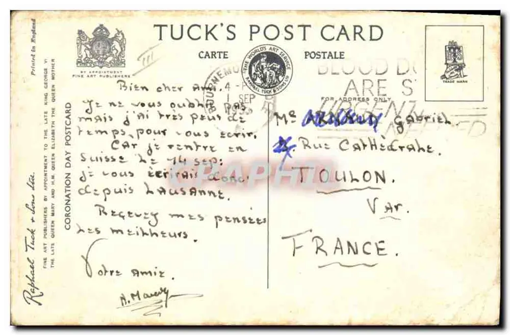 La reine se prépare à l'Anointing — scène à l'Abbaye de Westminster lors de la couronnement de Sa Majesté Elizabeth, le 2 juin 1953 — Tuck Card - Rückseite