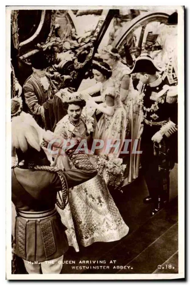 A Rainha chegando à Abadia de Westminster — M.M. THE QUEEN ARRIVING AT WESTMINSTER ABBEY — C.18 - Frente