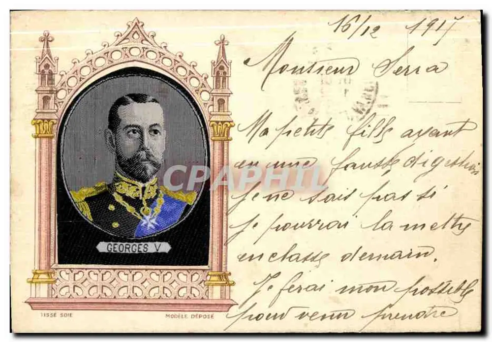 Portrait de Georges V — dans un cadre gothique orné — éditeur 'L'ISSÉ SOIE' et modèle déposé - Frente