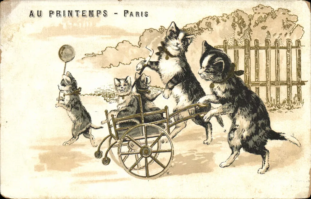 Gatos brincando com um carrinho de mão — AU PRINTEMPS - PARIS — K. F. Editieux, Paris - Frente