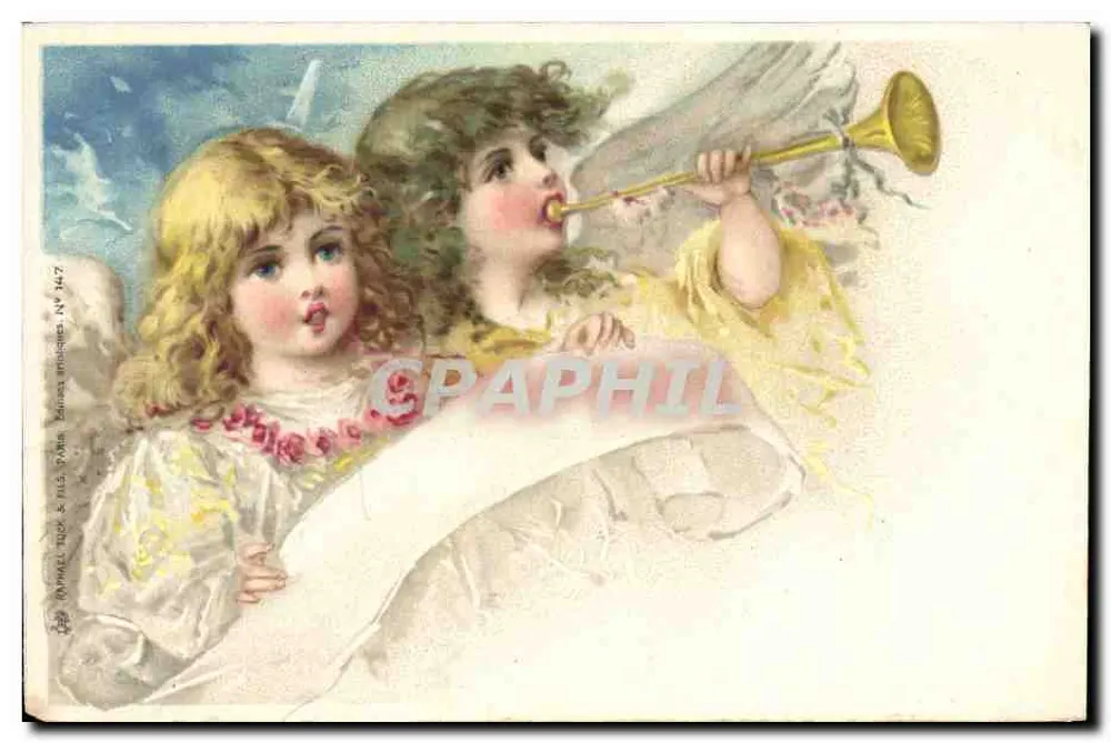Anjo e anjo tocando trombeta — edição Animais, Tuck & Fils, Paris, N° 747 - Frente