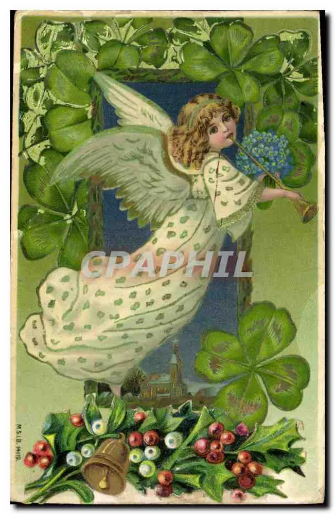 Ange jouant d'un cor — entouré de trèfles à quatre feuilles — éditeur M. Sl. & Co. n° 18 - Frente