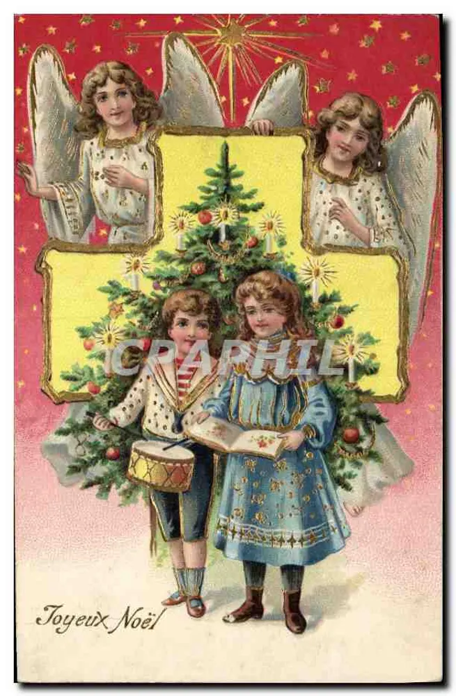 Crianças e anjos ao redor de um abeto de Natal — editor não visível, número de série não visível - Frente