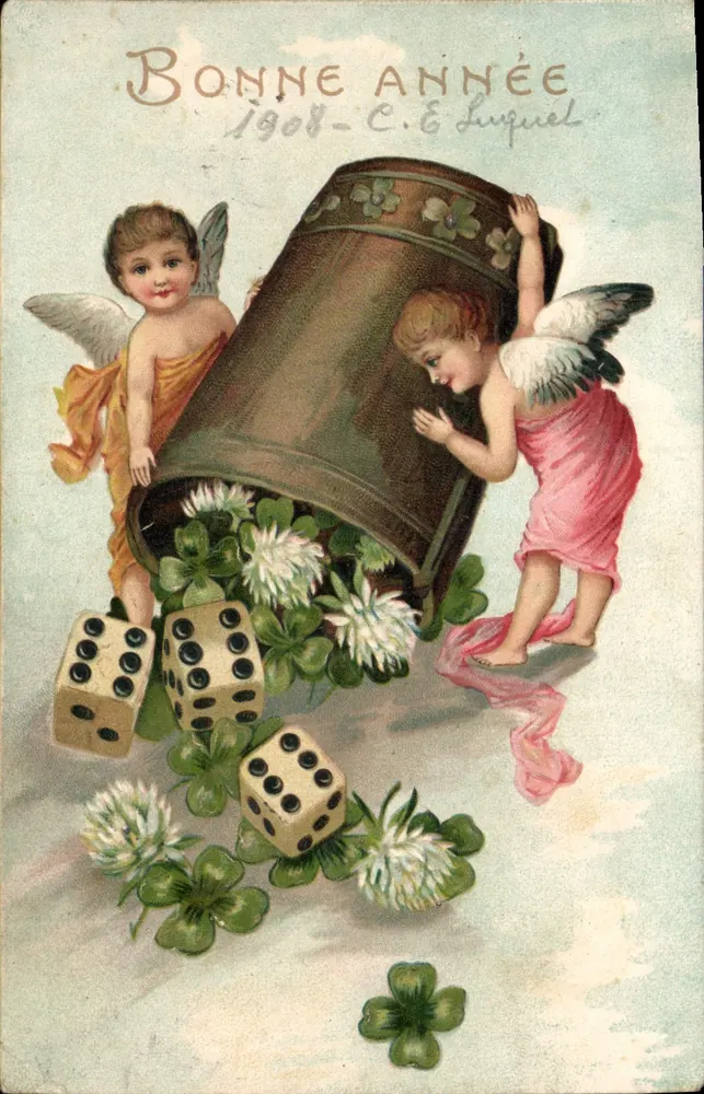 Dois anjos brincando com dados e folhas de trébol — Boa Ano 1908 — C. & E. Luquiel - Frente