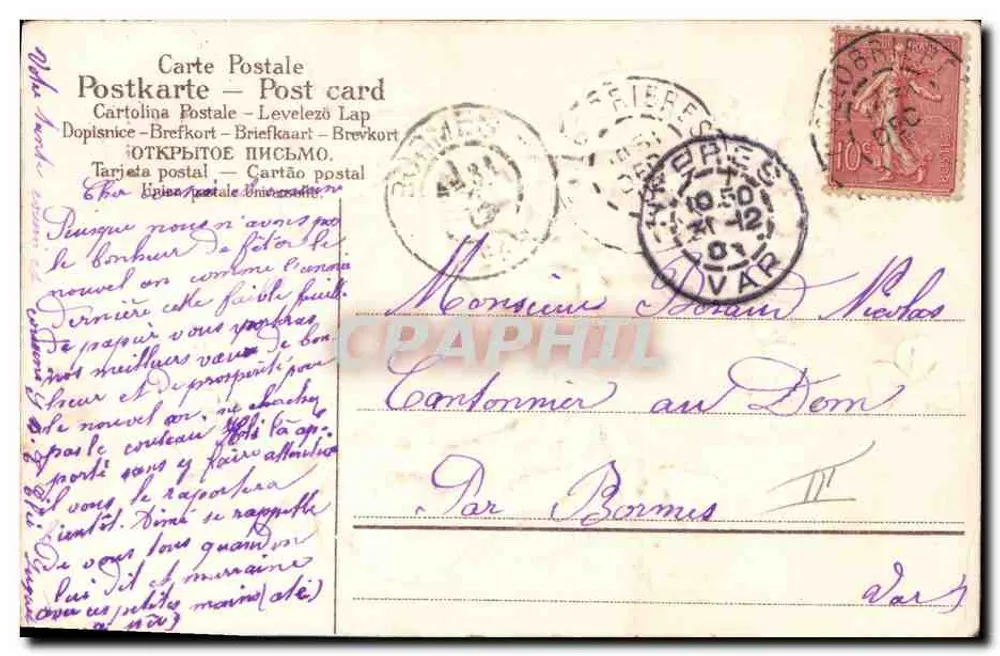 Dois anjos brincando com dados e folhas de trébol — Boa Ano 1908 — C. & E. Luquiel - Verso