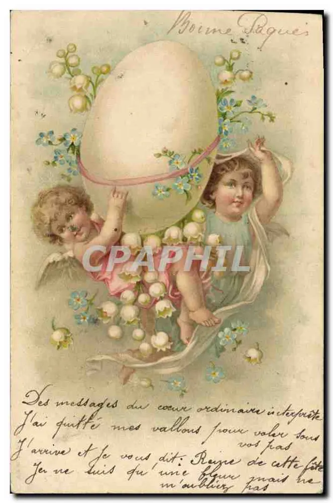Deux anges tenant un grand œuf de Pâques — décoré de fleurs de printemps — éditeur 'Union postale universelle' (verso) - Vorderseite