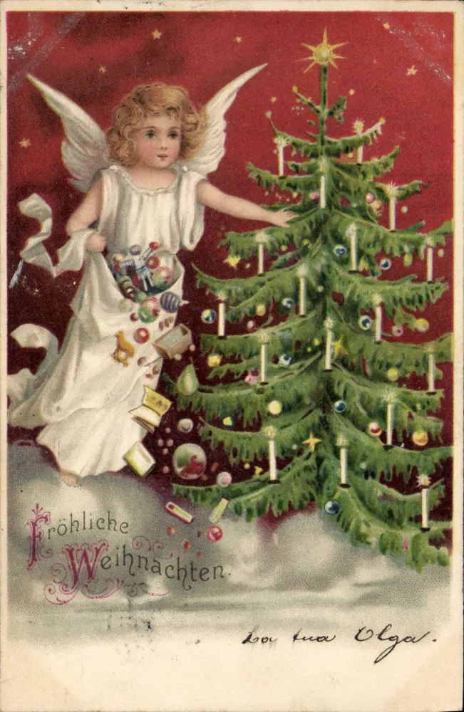 Anjo ao lado de um abeto de Natal — texto 'Fröhliche Weihnachten' — editor Speicher, n°1 - Frente