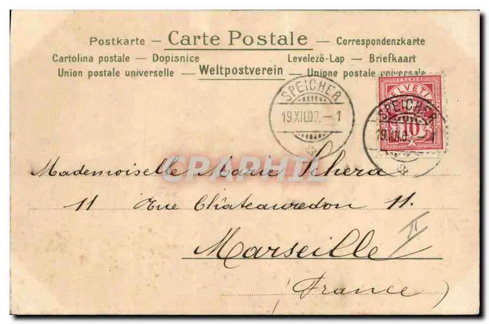 Anjo ao lado de um abeto de Natal — texto 'Fröhliche Weihnachten' — editor Speicher, n°1 - Verso