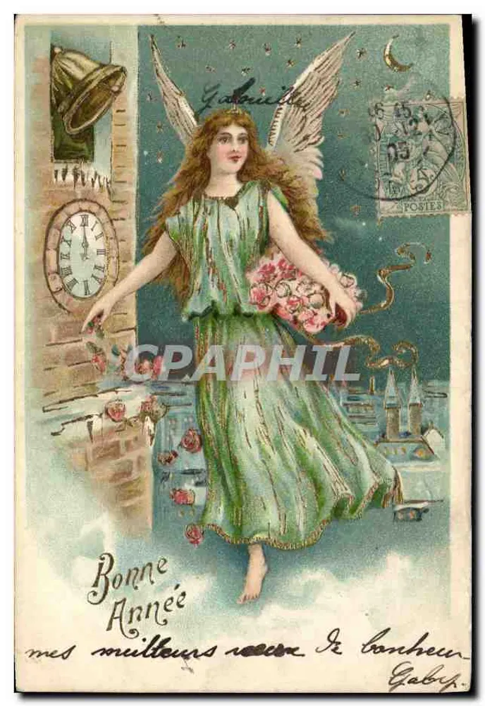Ange aux roses — scène nocturne avec clocher et lune — éditeur Gabrielille, série 38 - Voorkant