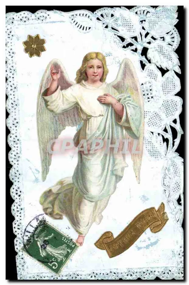 Anjo — carta postal ornada com renda — editor desconhecido - Frente