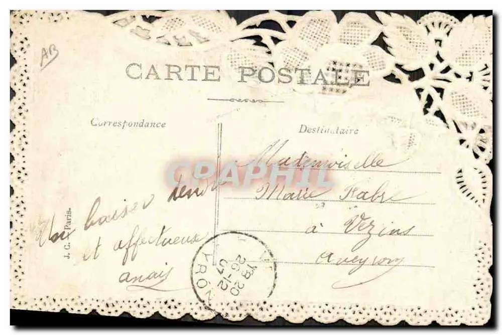 Anjo — carta postal ornada com renda — editor desconhecido - Verso