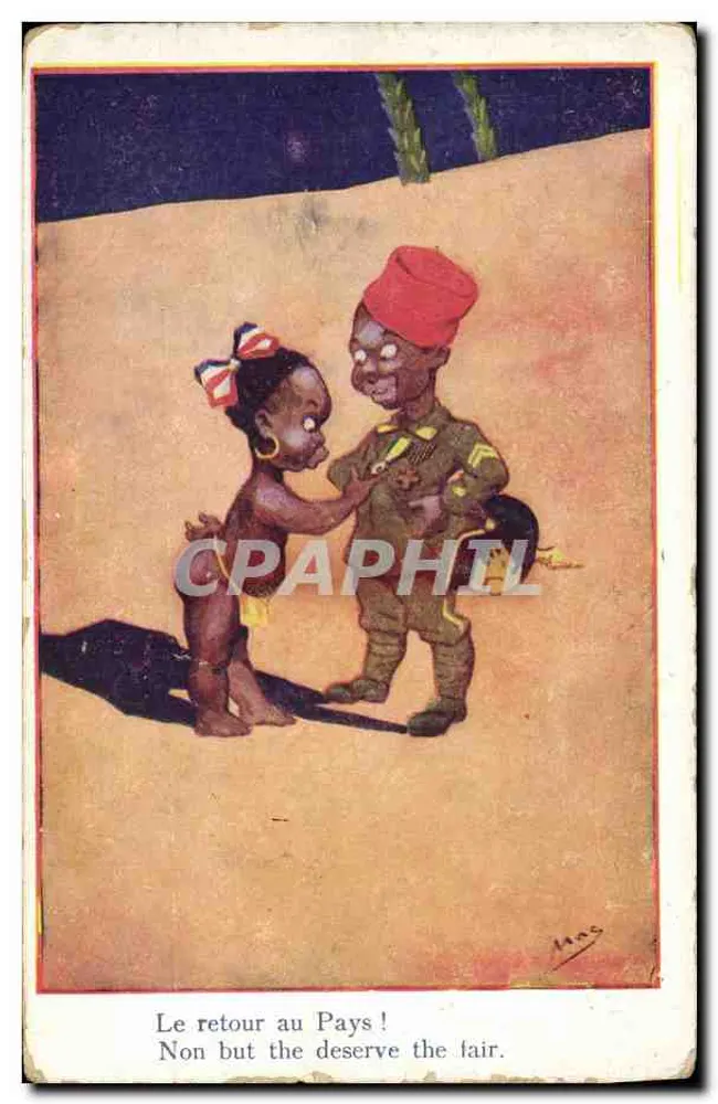 Zurück ins Heimatland! — Afrikanischer Soldat und Kind — Lafayet Imp. J. Armard, Serie Nr. 011 - Vorderseite