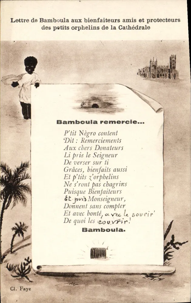 Bamboula — Lettre de remerciement à des bienfaiteurs — Cl. Faye - Recto