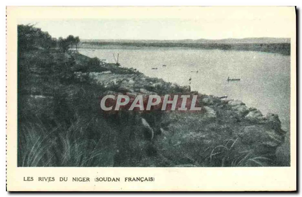 Las orillas del Niger (Sudán francés) — vista panorámica con barcos — editor no identificado, número de serie no visible - Anverso