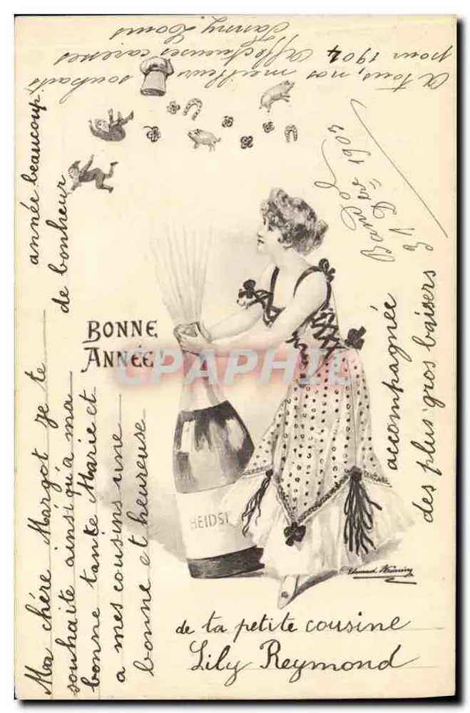 Frau mit einer Heidsy-Sektflasche — Frohes Neues Jahr 1904 — Heidsy, Serie 189 - Vorderseite