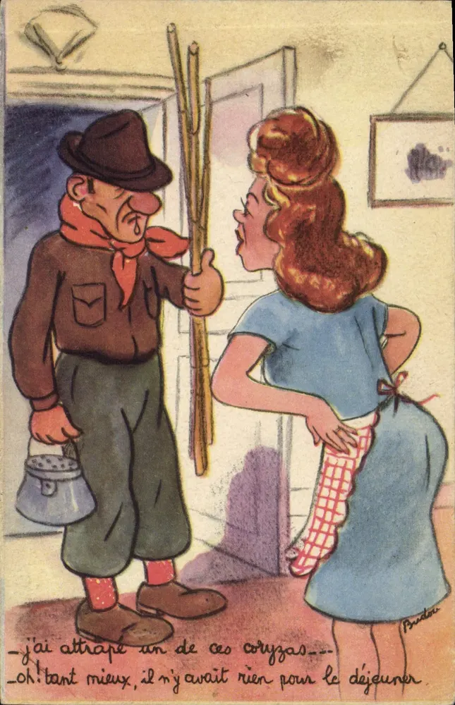 Humoristische Karte — Mann und Frau an der Tür — Verlag Pardou - Vorderseite