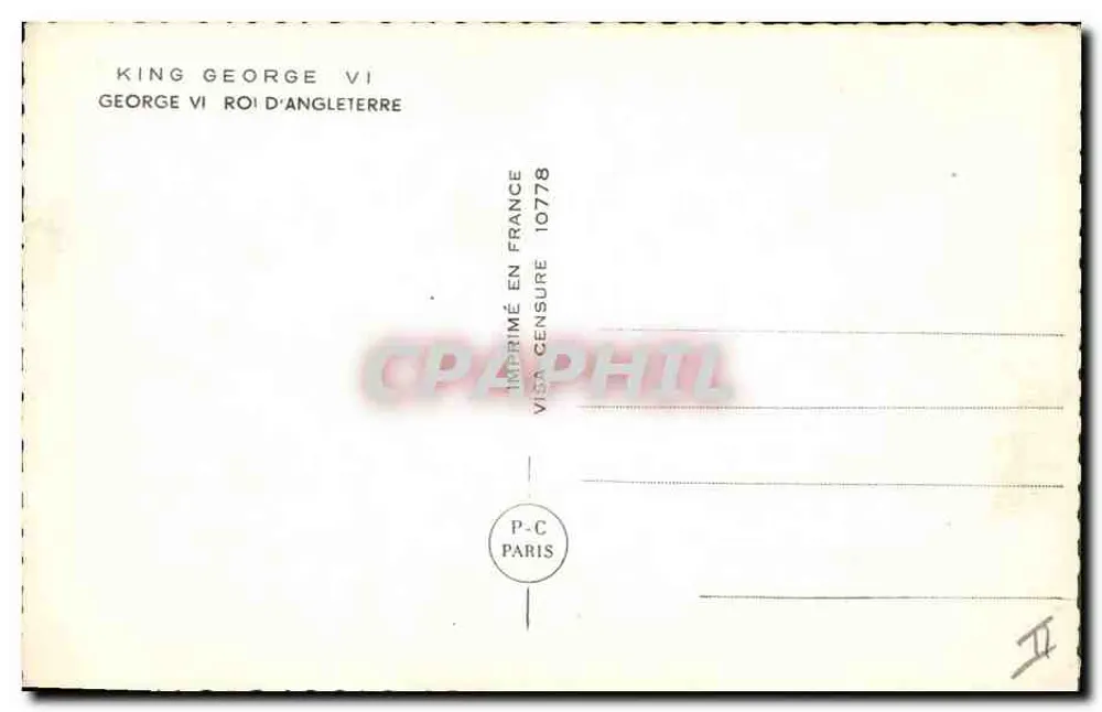 George VI — Rei da Inglaterra — Impresso na França 10778 - Verso