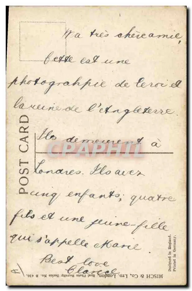 Rei George V e Rainha Mary — fotografia real — MISCH & CO. London, série B 410 - Verso