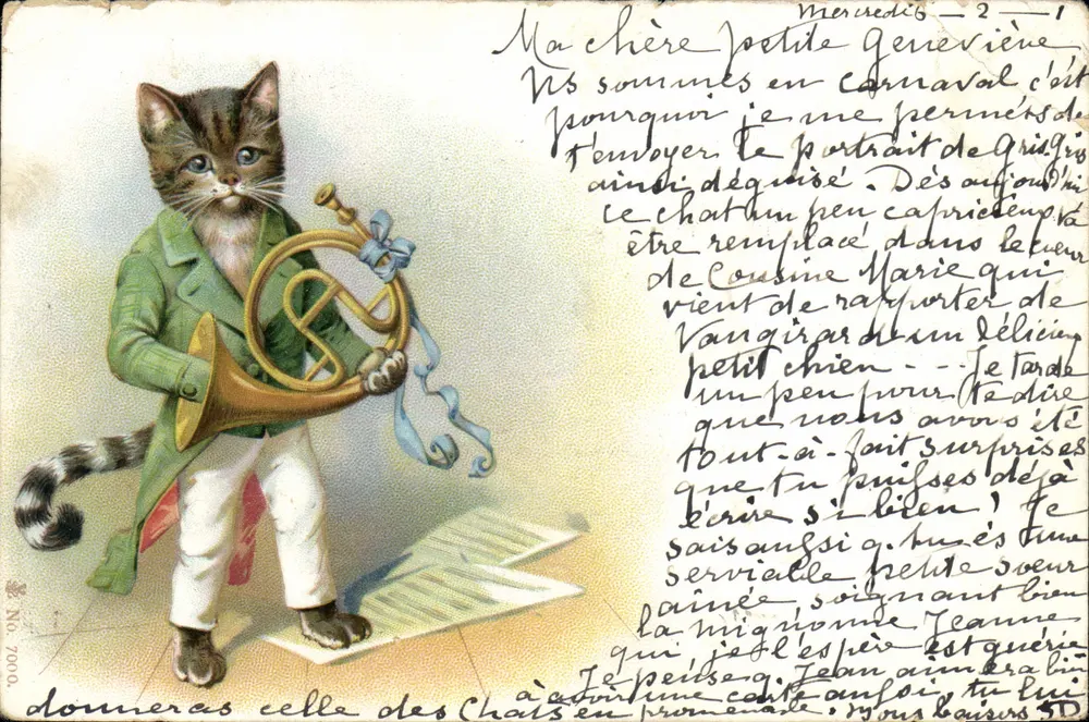 Chat en costume — musicien avec trompette — éditeur 'No. 7000' - Frente