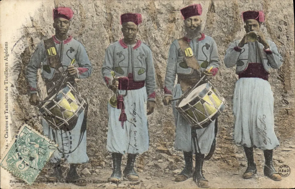 Trommel und Posaunen der algerischen Schützen — Bousdica, Souk-Ahras — Cliché Bellisson, n°32 - Vorderseite