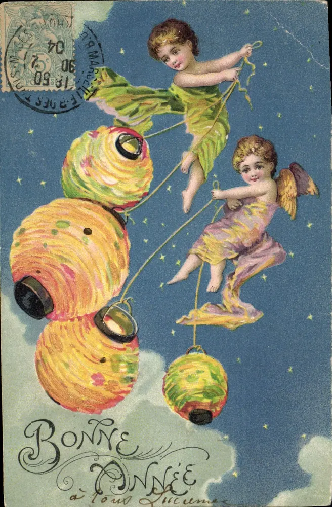 Cherubins jouant avec des lanternes — scène céleste — éditeur 'Carte postale' (verso) n°8 série 3035 - Frente