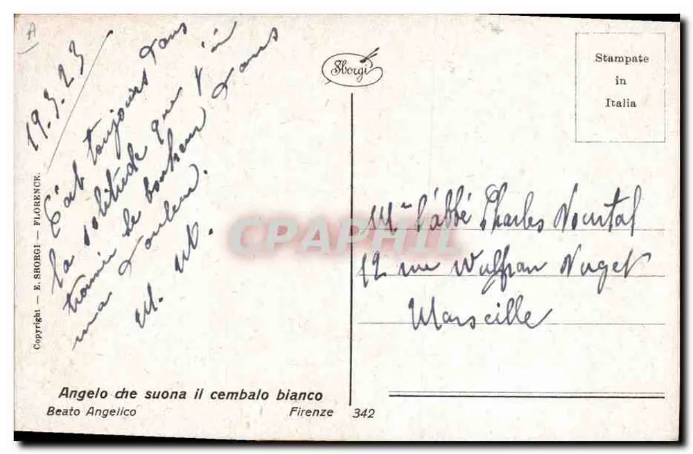 Anjo tocando tambor branco — Beato Angelico — Editor E. Skorgi, n° 342 - Verso