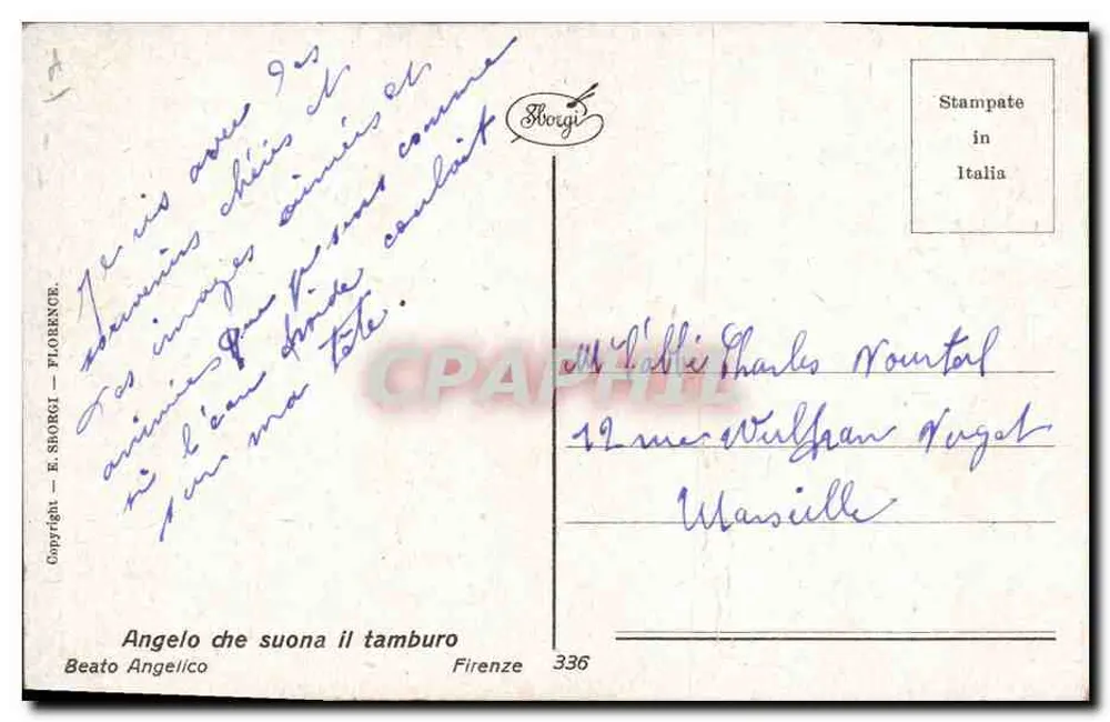 Anjo tocando tambor — Beato Angelico — Edição E. Shorgi, n°336 - Verso