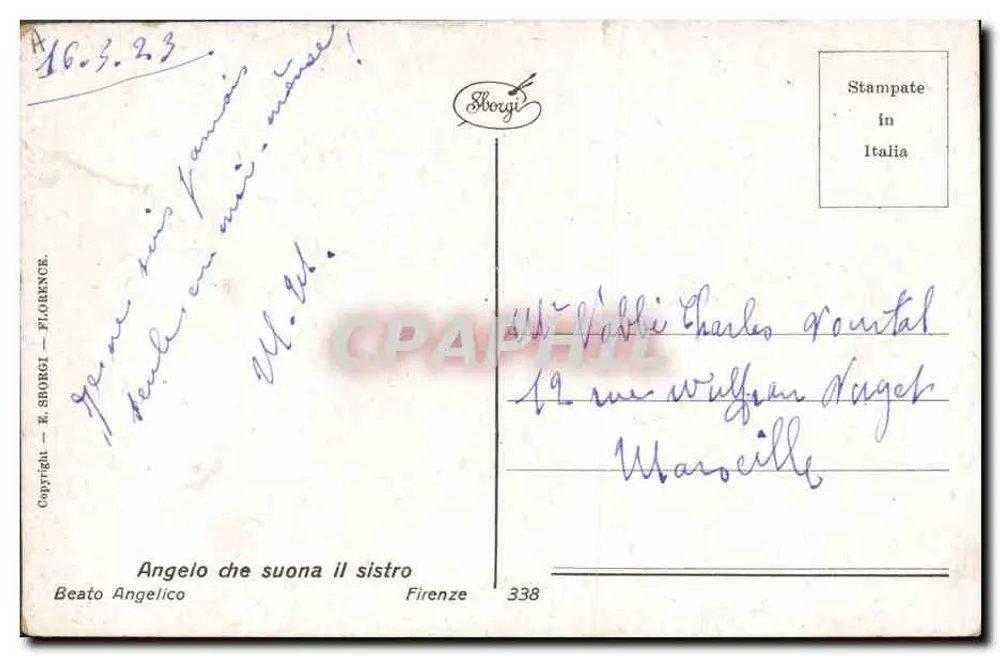 अंगेलस जिसके हाथ में सिस्ट्रम है — बीएटो एंजेलिको — प्रकाशक ई. स्बोर्गी, संख्या 338 - पीछे