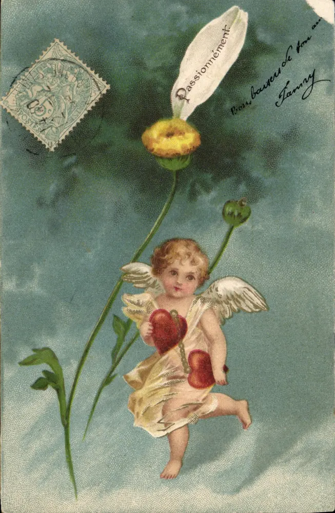 Cupidon com coração — cartão postal de Valentim — editor não visível - Frente