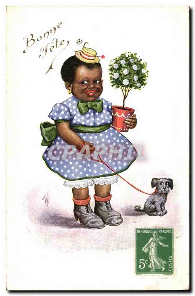 Menina negra segurando um vaso de flores — com cachorro — editor não visível - Frente