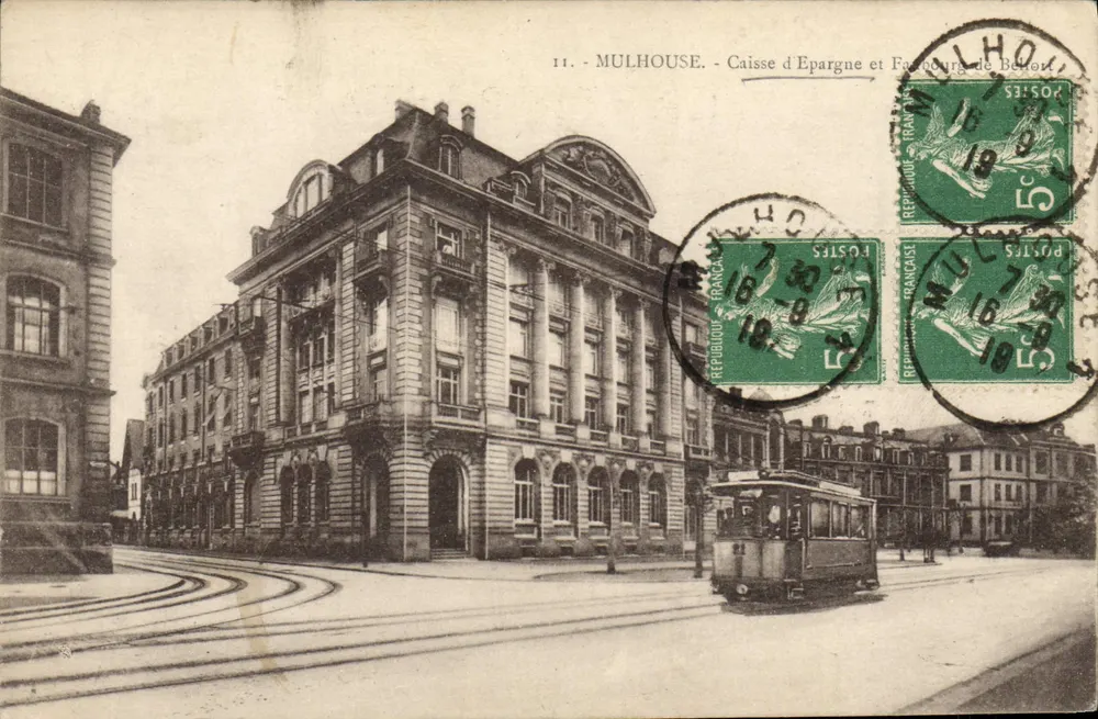 Mulhouse - Caixa de Economia e Faubourg de Béthenom — editor CH. Bergfret, Strasbourg, n°11 - Frente