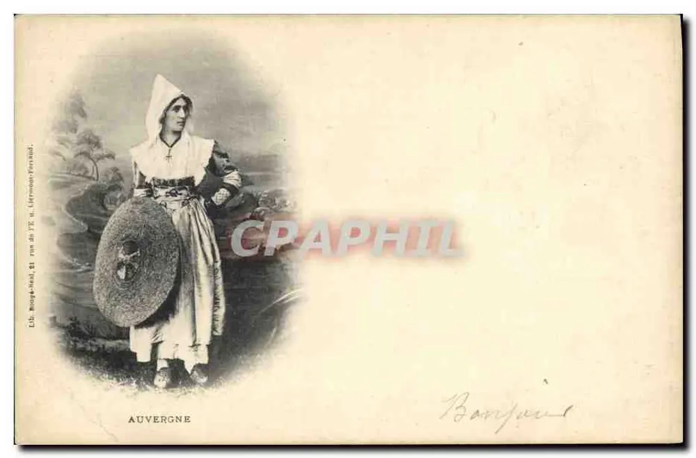 Mulher com lenço e chapéu — Auvergne — Lib. Monge-Isal, 21 rue de l'Église, Clermont-Ferrand - Frente
