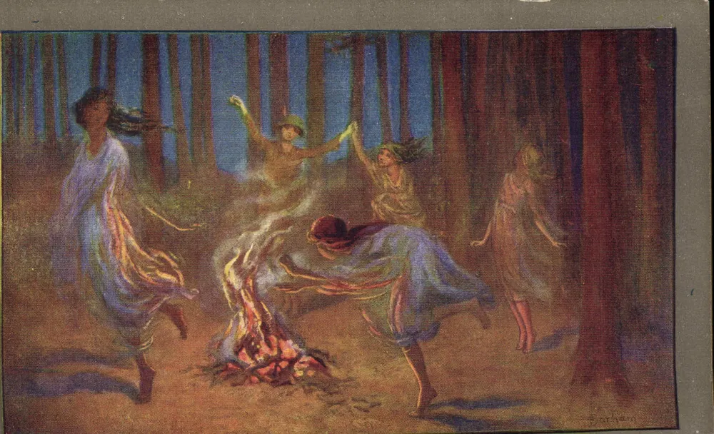 Mulheres dançando em torno de uma fogueira — floresta — C.W. Faulkner & Co. Ltd. (série CWF) - Frente