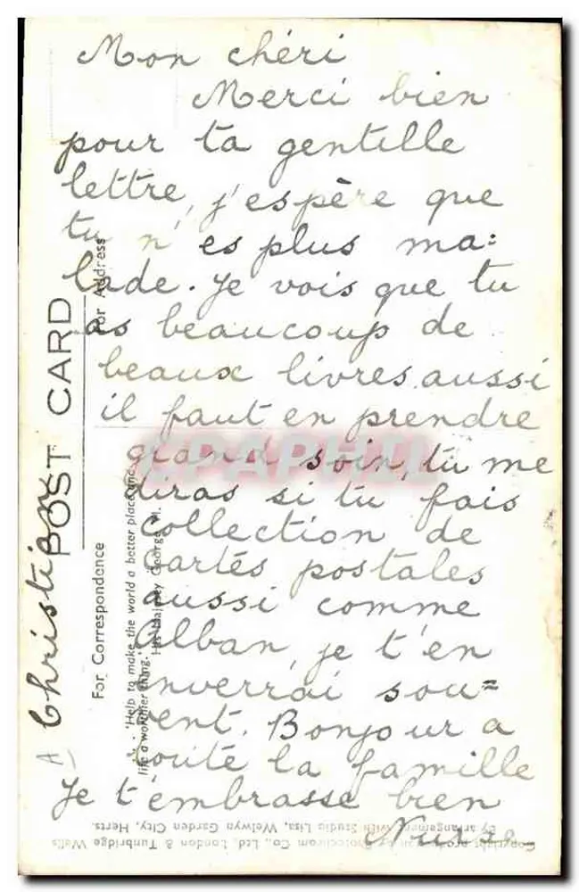 La Reine mit den königlichen Prinzessinnen — Garten-Szene mit Hund — Verleger Christi Post Card - Rückseite