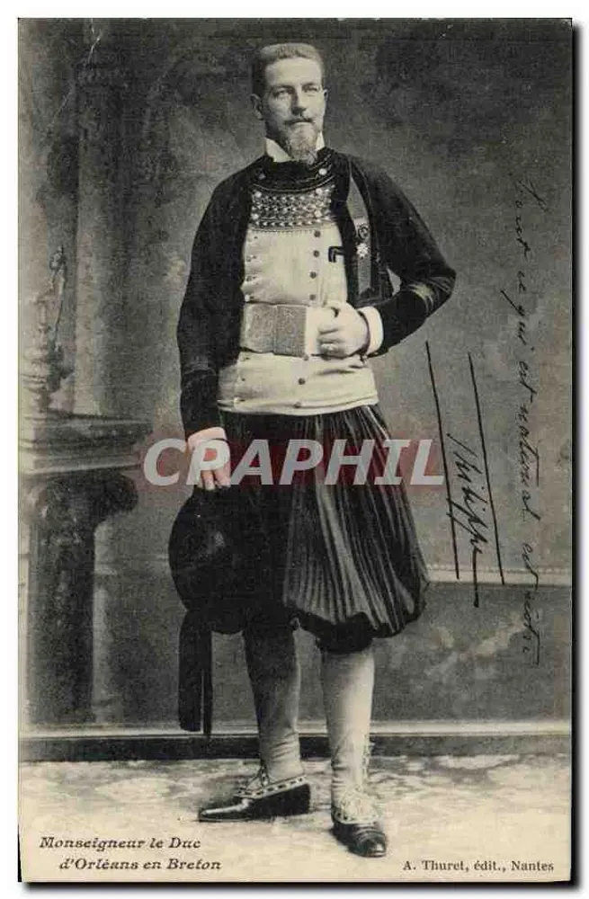 Monseigneur le Duc d'Orléans en Breton — portrait en costume breton avec kilt et écharpe, éditeur A. Thuret, Nantes - Frente