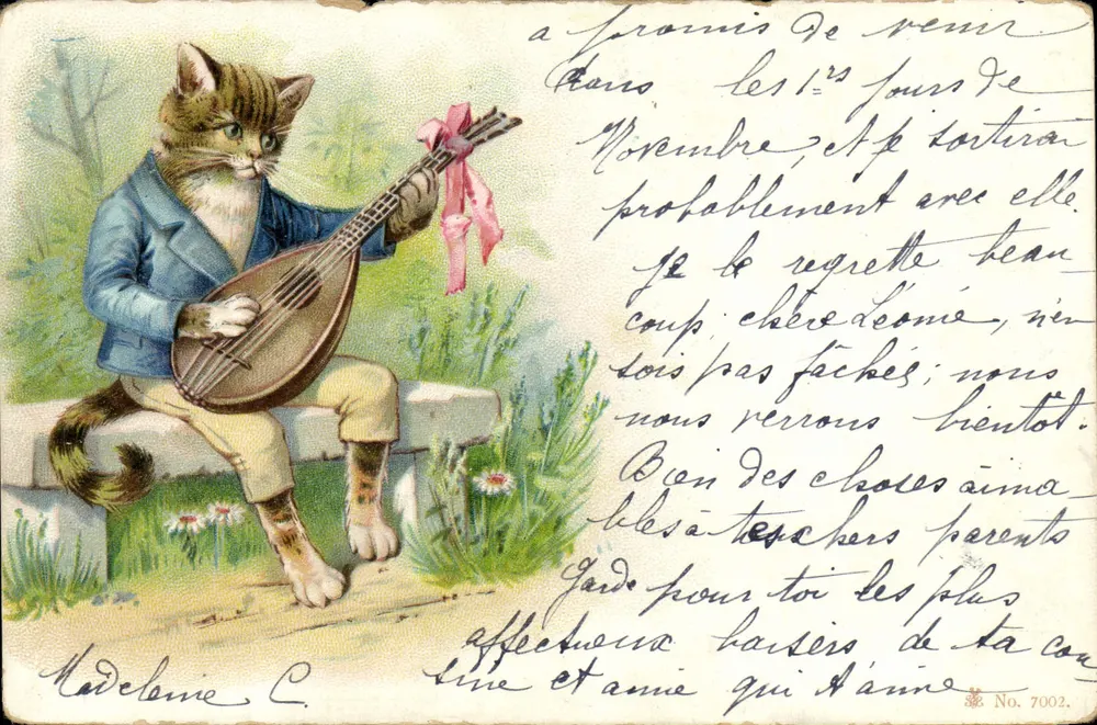 Gato vestido tocando mandolina — editor Nadeleine C., n° 7002 - Frente
