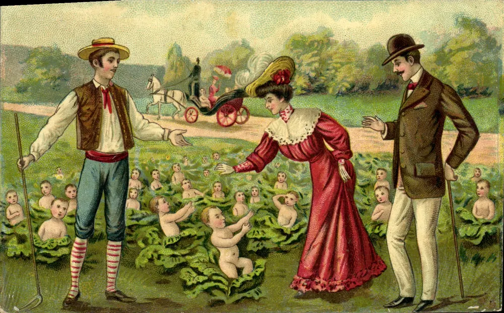 Familie und Kinder auf einem Feld — humoristische Illustration - Vorderseite