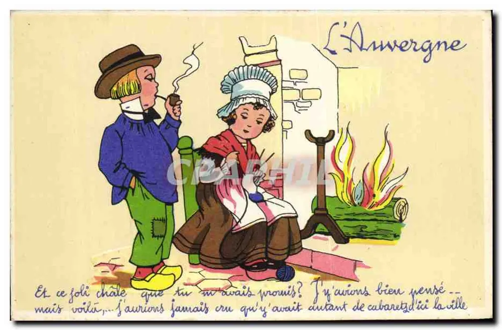 L'Anvergnerie — cena de vida rural com dois personagens perto de uma fogueira — editor M. D. PARIS - Frente