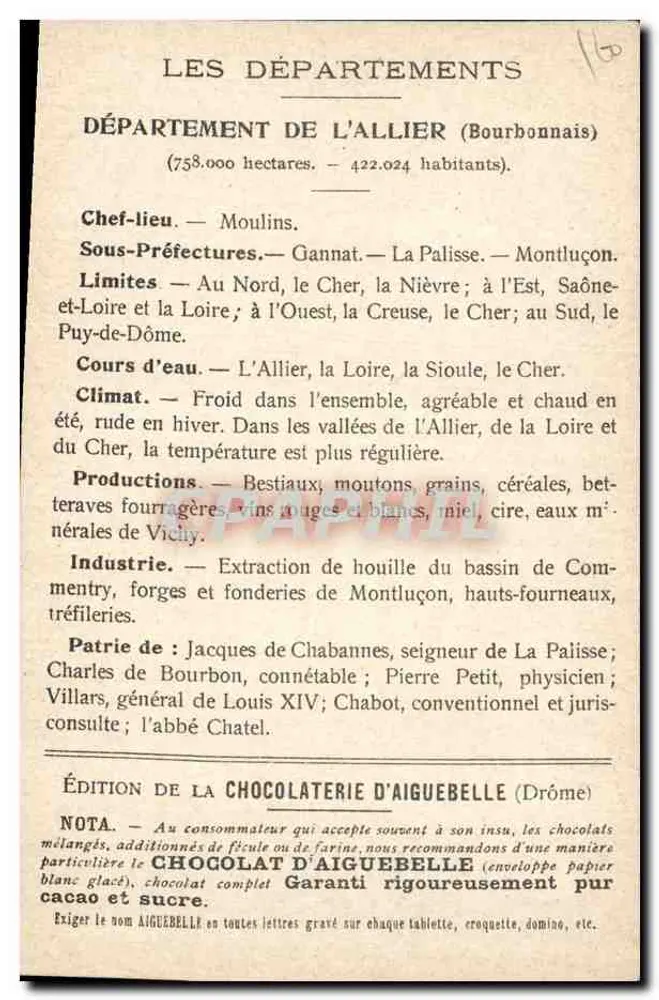 Die Departements: ALLIER — Ausgabe der Chocolaterie d'Aiguebelle - Rückseite
